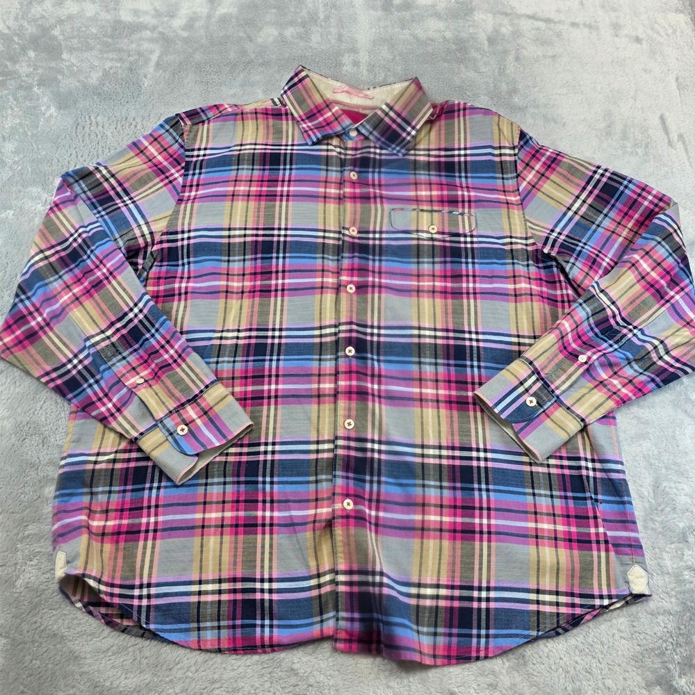 Tommy Bahama Mens XL Pink Blue Plaid Button Up Cotton Shirt Long Sleeve